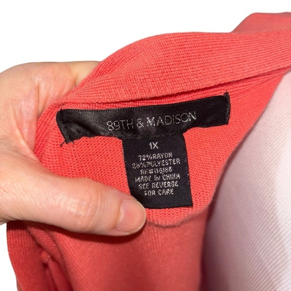 89th & Madison Women's Size 1X Open Front Knit Cardigan Fitted Coral Color - Picture 3 of 6